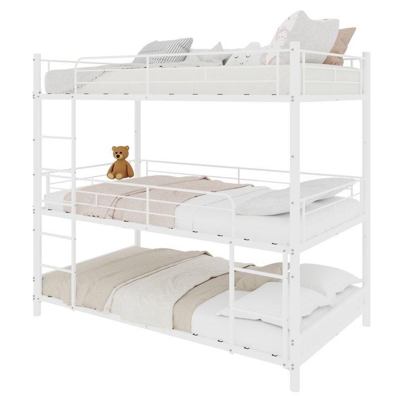 3-Tier Metal Bunk Bed Single Size Iron 1-Piece Bunk Bed White - With Thickened Steel Frame and Guardrails, White