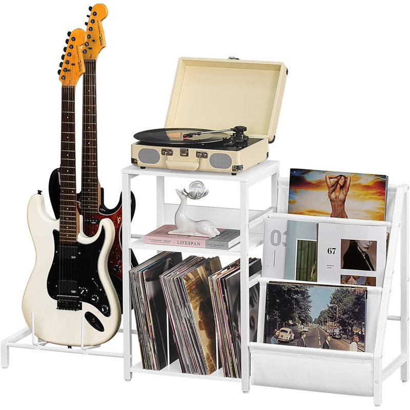 Record Player Table With Vinyl Storage & Guitar Stand – White
