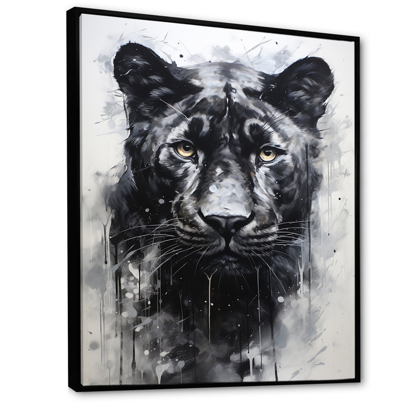 Portrait de panthère noir et blanc, Cadre flottant noir, H 20 po x l 12 po x P 1 po