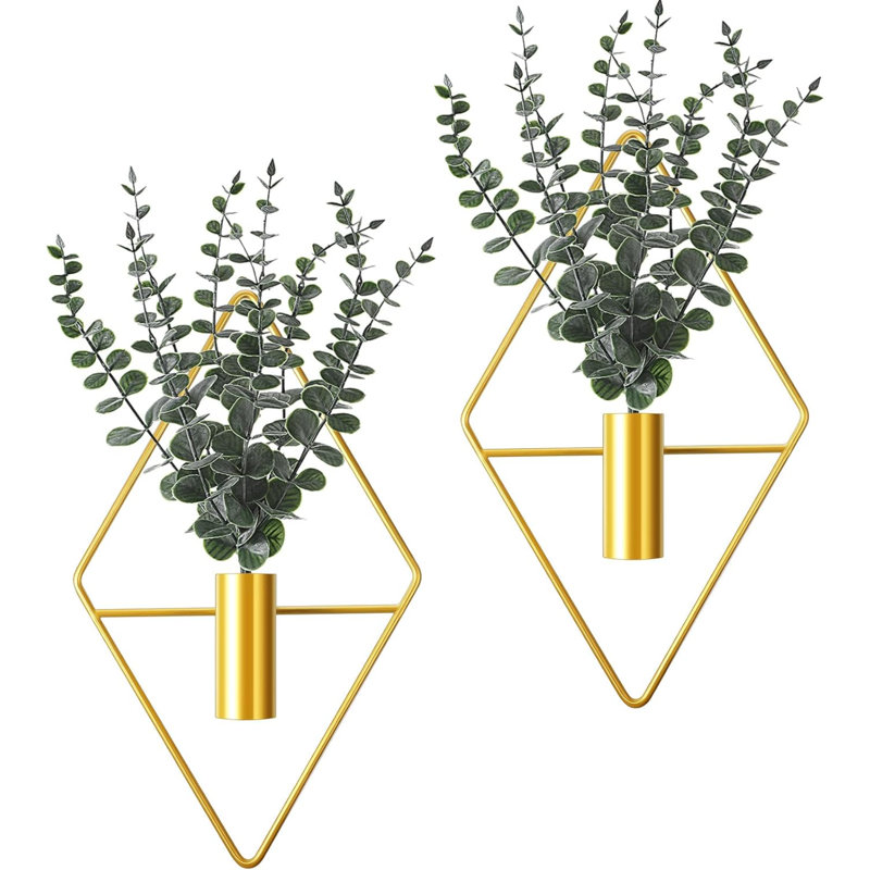 4 pots de fleurs suspendus avec un vase suspendu en métal d'eucalyptus artificiel pour plantes d'intérieur Support de salle de bain moderne géométrique Boho pour le bureau à domicile (eucalyptus, or)
