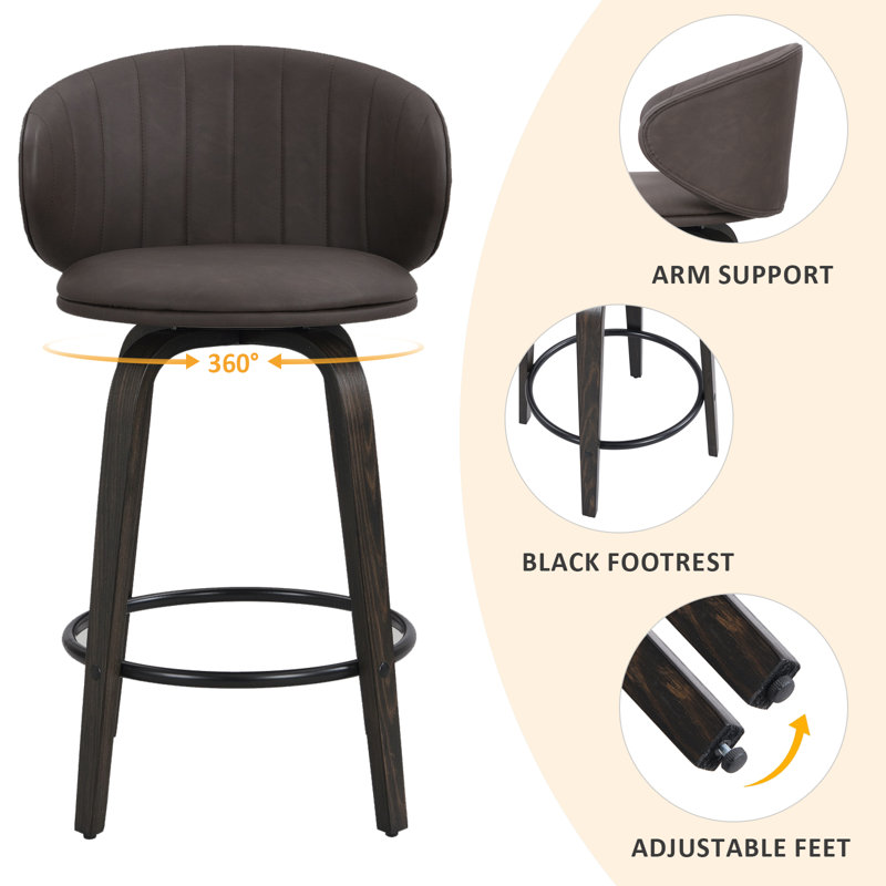 26" Upholstered Swivel Bar and Counter Stool with Wood Frame, Brun