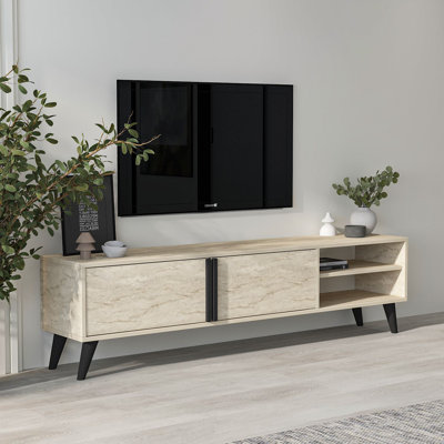 Modern TV Stand, Travertine Color, 63.0 x 13.8 x 13.0 inches | 100% Melamine Coated Particle Board, Thickness: 0.7 inches | Stylish Marble Finish, Ideal for Living Room & Entertainment Spaces, Durable & Elegant Design