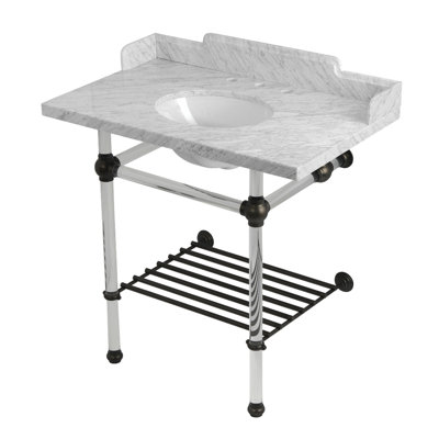 Kingston Brass Pemberton 36-Inch Carrara Marble Console Sink with Acrylic Legs and Shelf (8-Inch, 3-Hole)