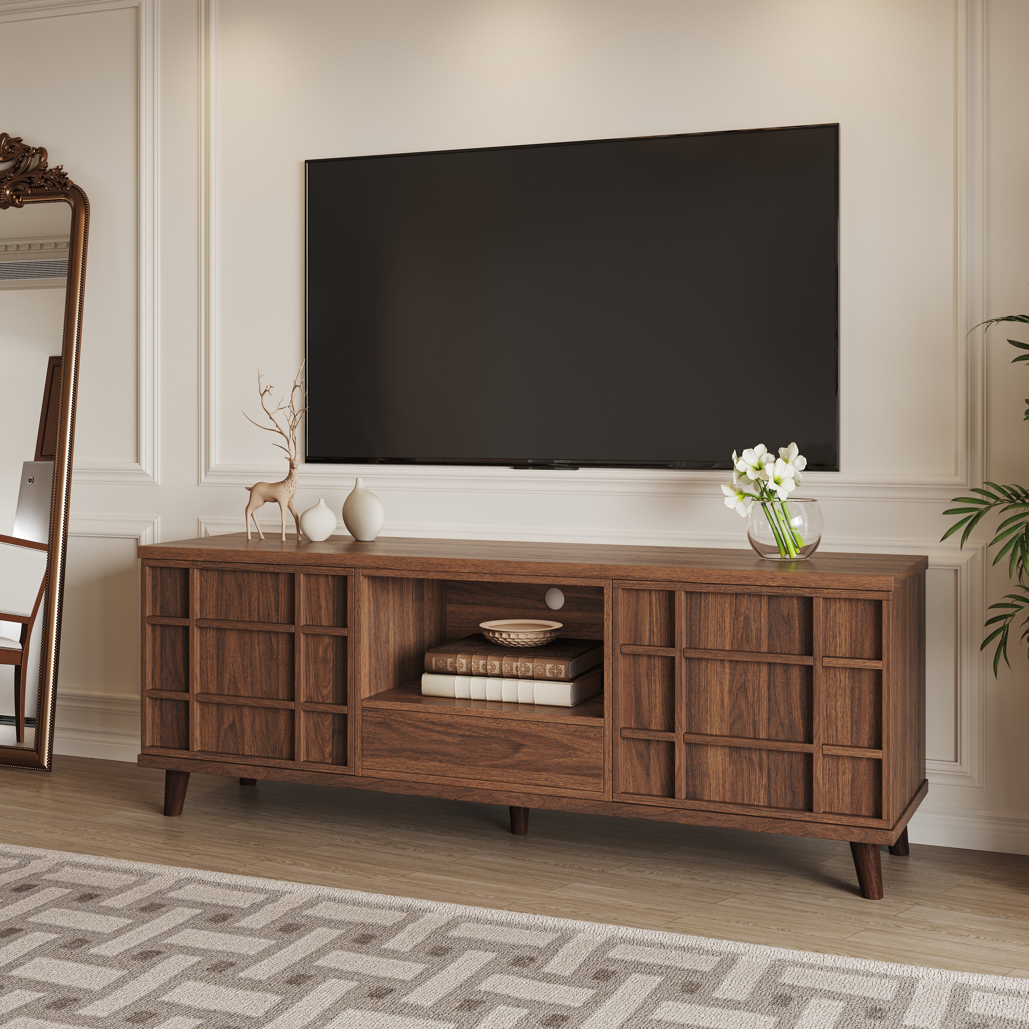 59" Mid-Century Modern TV Stand with Storage Cabinet and Media Center, Walnut Finish, Fits TVs up to 65"
