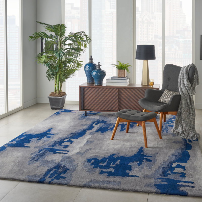 Tapis décoratif gris/bleu Touffeté à la main à motif abstrait LaVonne, Rectangle 7 pi 9 po x 9 pi 9 po