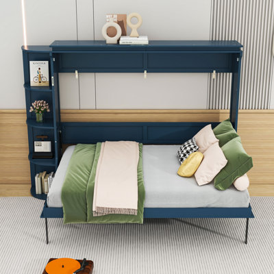Lit escamotable en bois avec 3 tiroirs et tablettes