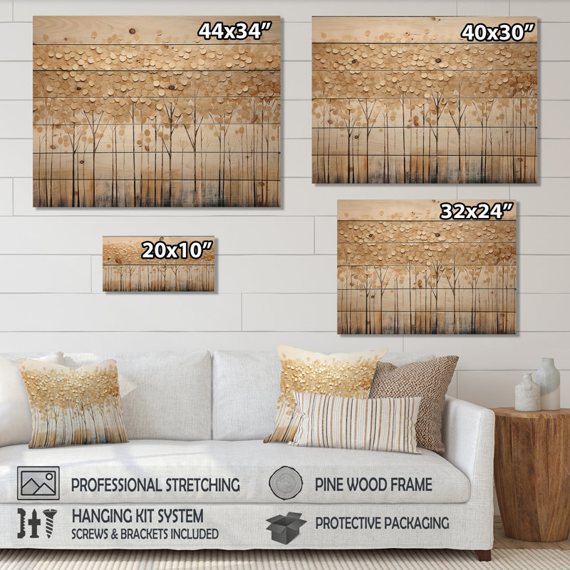 Minimalisme Golden Trees Harmony - art mural panneau d'arbres sur bois de pin naturel, H 30 po x l 40 po
