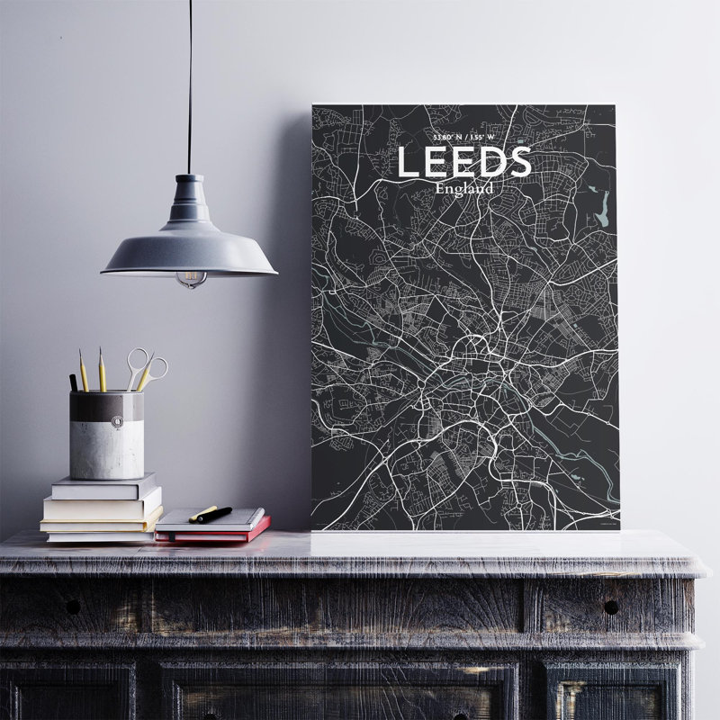 Carte de la ville de Leeds, impression, Gris / noir, H 27,6 po x l 19,7 po