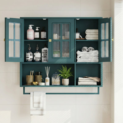 Armoire de salle de bain en bois à trois portes avec compartiments de rangement ouverts et dissimulés, convenant aux vestibules, salons, salles de bain et salles à manger. Vert profond.