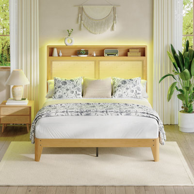 Rattan Bed Frame with LED Lights - Natural Rattan Headboard, Built-in Charging Area by Ebern Designs