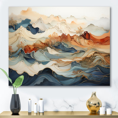 Abstrait abstrait orange et bleu, encre de rivière III - art abstrait sur toile marbrée