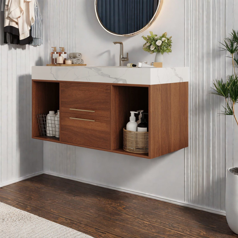 Modern Walnut Bathroom Vanity With Ceramic Sink, Soft Close Drawers
