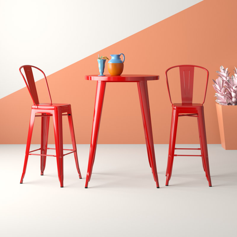 Genece Metal 3-Piece Indoor and Outdoor Bar Set, Red, 41" H x 30" W x 30" L