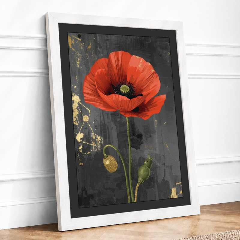 Red Poppy Botanical - Framed Print, A2 - 59.4 x 42.0 cm, White
