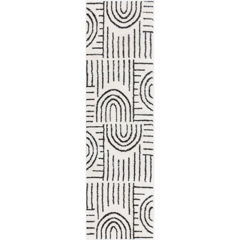 Feliz Geometric Machine Made Power Loomed Polypropylene Area Rug in Ivory/Black, Runner 2' x 7'3"