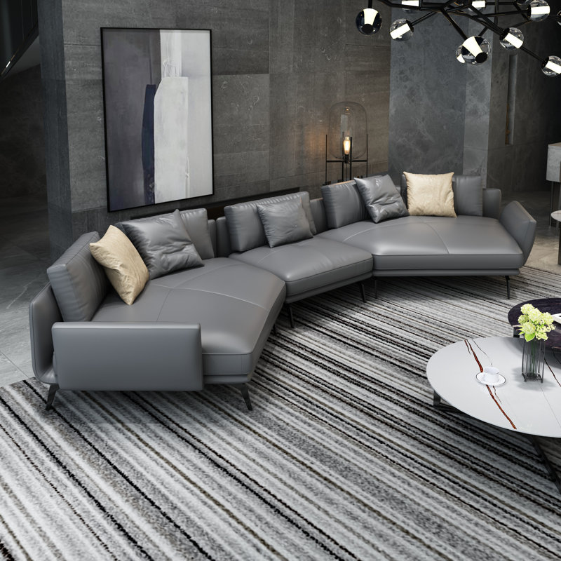 Canapé modulaire Lidio, Cuir véritable gris fumé, H 33 po x l 159,5 po x P 53,5 po