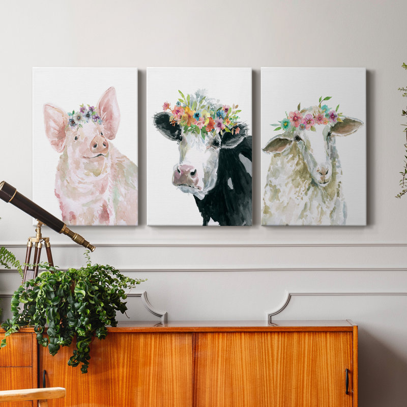 Flower Crown Sheep - ensemble de 3 reproductions d'art sur toiles tendues, H 18 po x l 36 po x P 1 po
