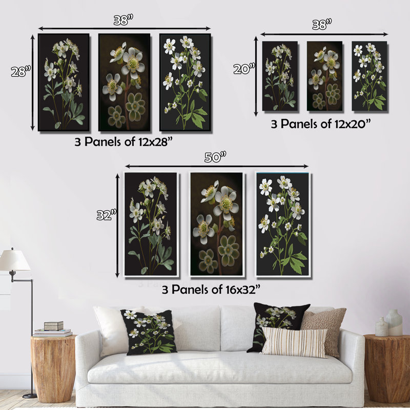 «Blossoming Diphylleia Grayi On Black», 3 pièces, Or, H 32 po x l 48 po