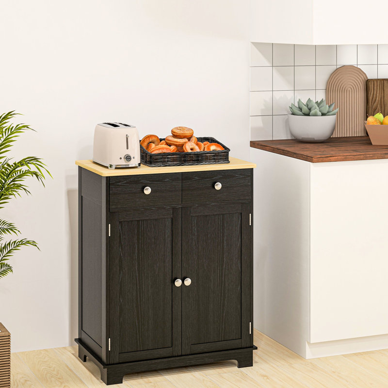 Buffet noir moderne patiné - Armoire de rangement avec comptoir en bois massif, 2 tiroirs, portes et tablette réglable