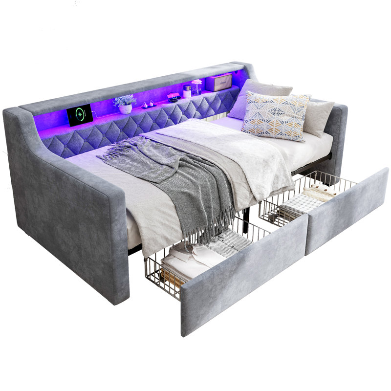 90cmx190cm Grey Velvet Upholstered bed, 3FT single bed with light strip for adults & teenagers (No Mattress)