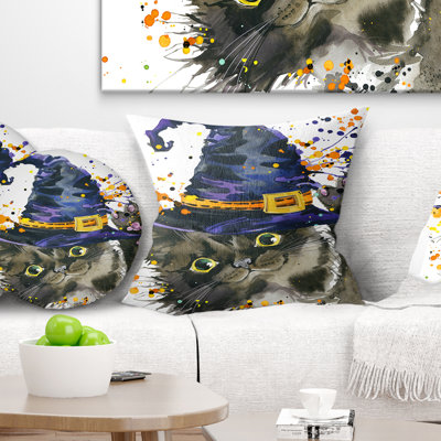 Chat d'Halloween et chapeau de sorcière - coussin imprimé animal