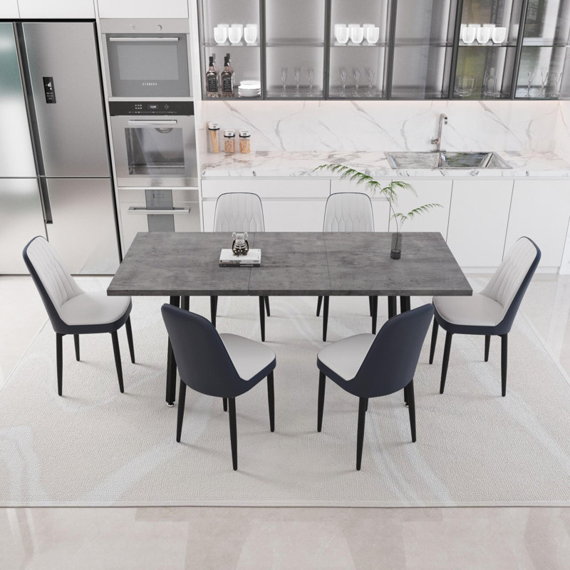 Ensemble de table de salle à manger moderne avec table extensible et chaises en polyuréthane, Gris te bleu, 7