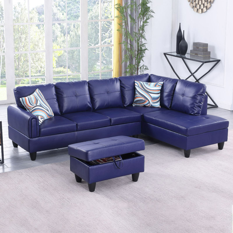 Jayzen 3 - Piece Vegan Sectional, Right Hand Facing, Blue Faux Leather, Black