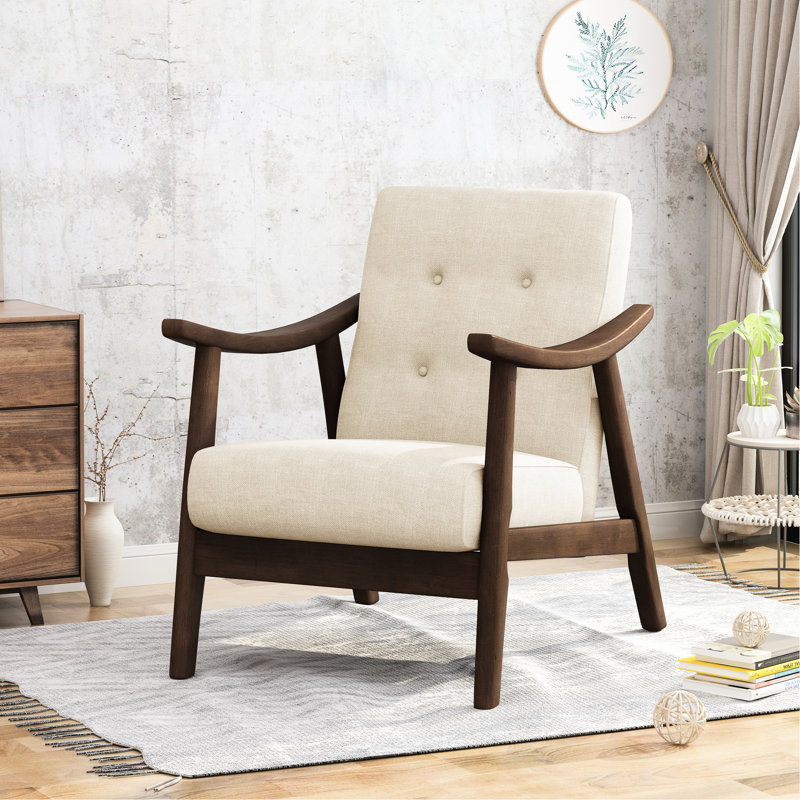 Chaise d'appoint Mid-Century moderne, fauteuil rembourré beige avec structure en bois d'hévéa brun et support solide