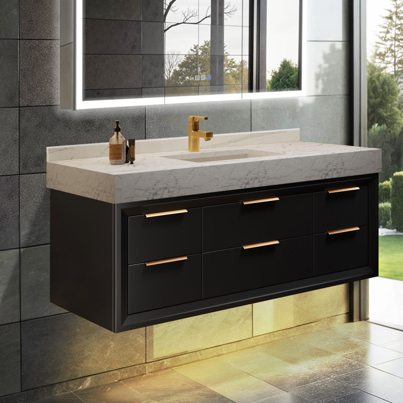Meuble-lavabo mural simple en bois massif de 48 po avec comptoir en pierre et lumière, Noir