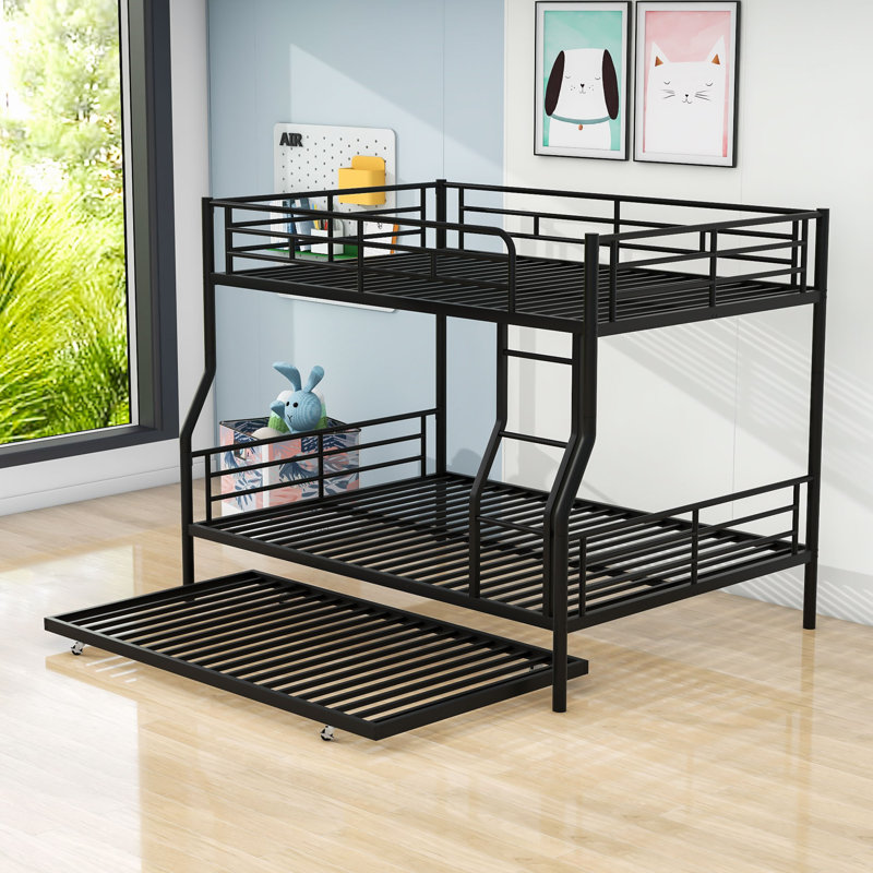Full XL Over Queen Metal  Bunk Bed With Twin Size Trundle, Black