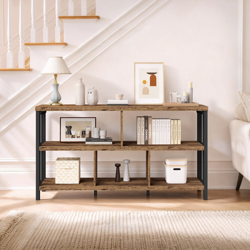 Horizontal Bookshelf, Modern Cube Storage Organizer Bookcase Wide Bookshelves, Industrial Wood Metal Book Shelf, Cube Shelf for Office Home Living Room