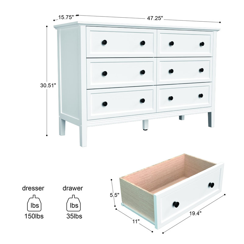 Hollimon 47'' W 6 - Drawer Dresser, White