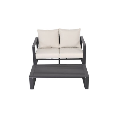 Canapé double + table basse rectangulaire, coussins brun clair