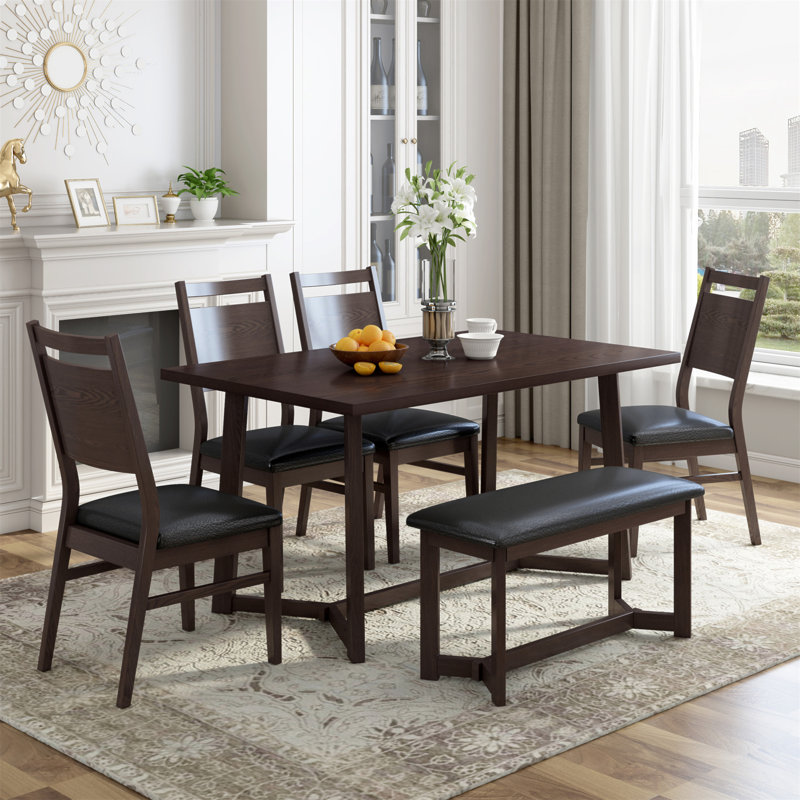 6-piece Dining Table Set With 4 Upholstered Chairs And Bench,dining table set,dining room set, Dark Brown, Dark Brown