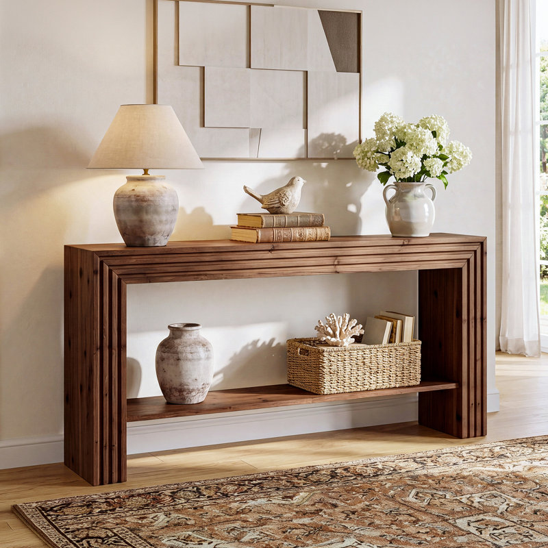 Console en bois massif de 63 po, table de ferme rustique avec tablette de rangement ouverte, table d'entrée pour le salon, couloir, brun