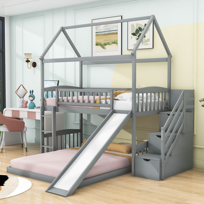Twin Over Full L-Shaped Bunk Bed With Slide, Storage Stairs And Ladder, Gray