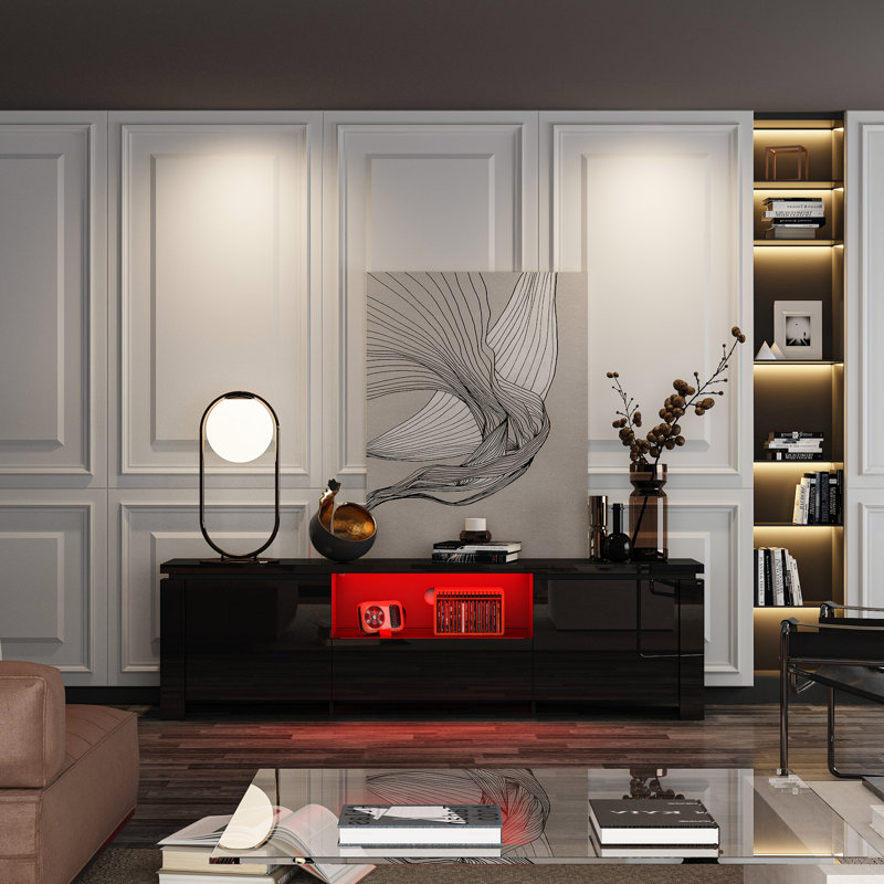 Modern High-Gloss LED TV Stand, 70.1" Entertainment Center With 3-Color LED Lights, Quiet Sliding Rails & Anti-Tipping Design, Premium MDF Construction