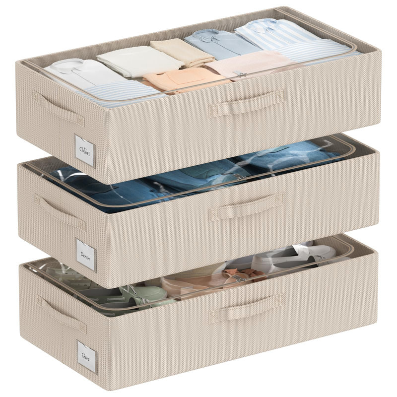 3Pcs Under Bed Storage Bins With Metal Frame - Shoe Organizer For Closet With Clear Cover Oxford Fabric Sturdy Underbed Container Foldable Stackable Clothes Organizer (Beige, 23.5X11.8X6.3)