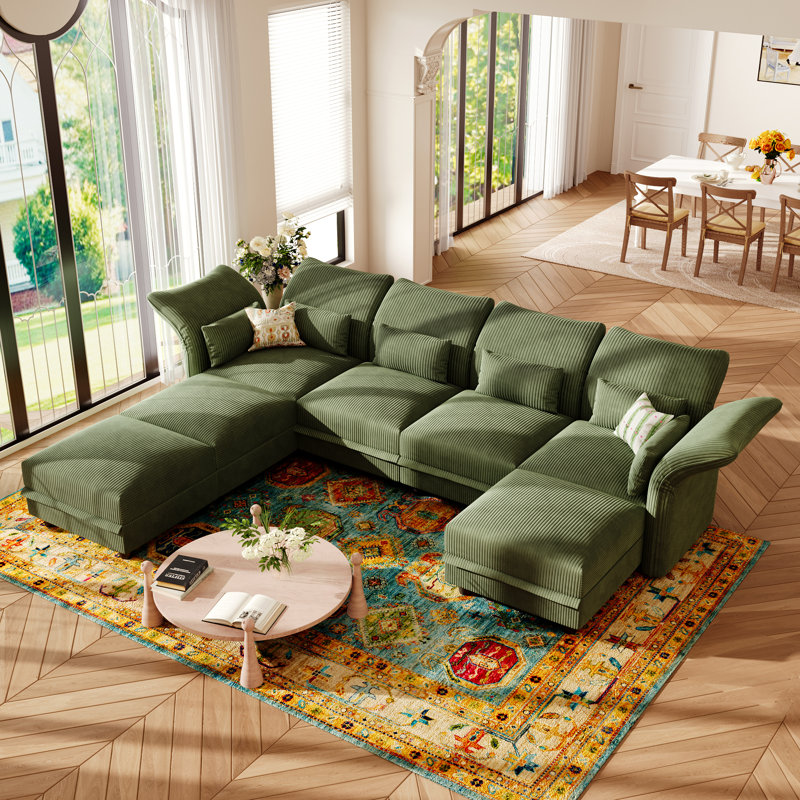 U-Shaped Upholstered Modular Sectional Sofa With Storage, 7 Seat  Corduroy  Couche With Adjustable Arms Backs,Plush Supportive Cushions, Green