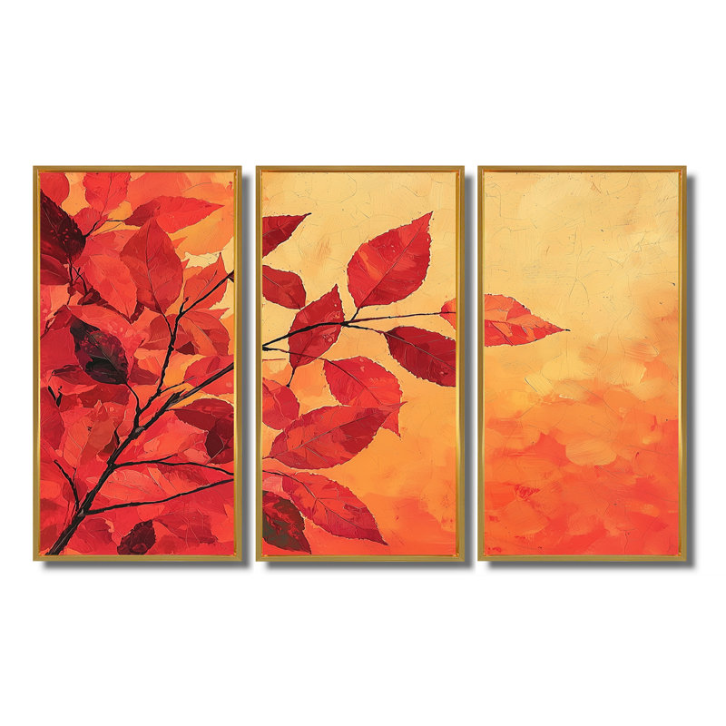 Automne, coucher de soleil et feuille d'érable III - art mural feuilles - ensemble de 3, H 32 po x l 48 po, Doré