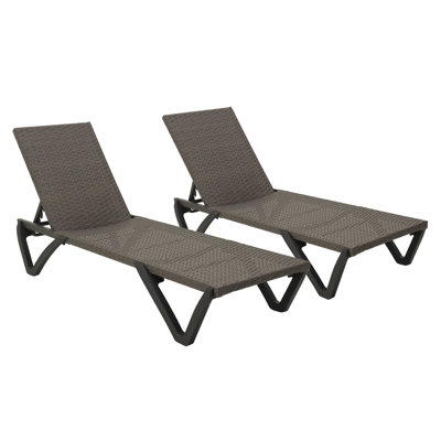 Outdoor Aluminum Chaise Lounges Brown Wicker with Adjustable Backrest and Wheels Set of 2
