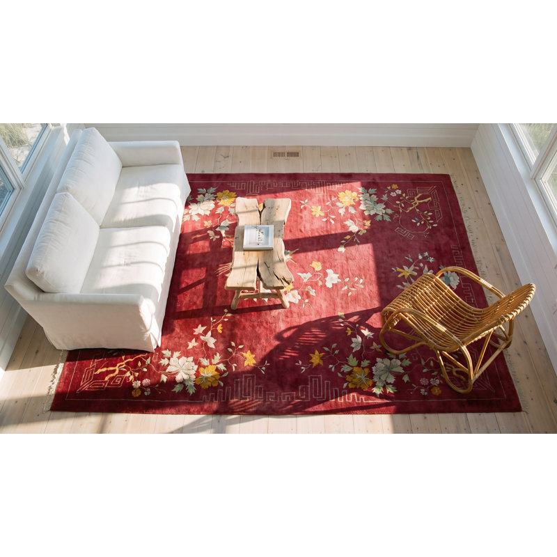 Red Room Size Antique Wool Pile Floral Chinese Deco Carpet