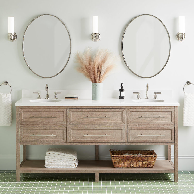 72" Robertson Double Bathroom Vanity Set with Oval Undermount Sinks, White, Arctic White Quartz, 8" Widespread