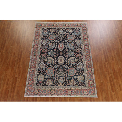 Tapis bleu marine en laine noué à la main de conception unique 7 pi 0 po x 9 pi 9 po Briela