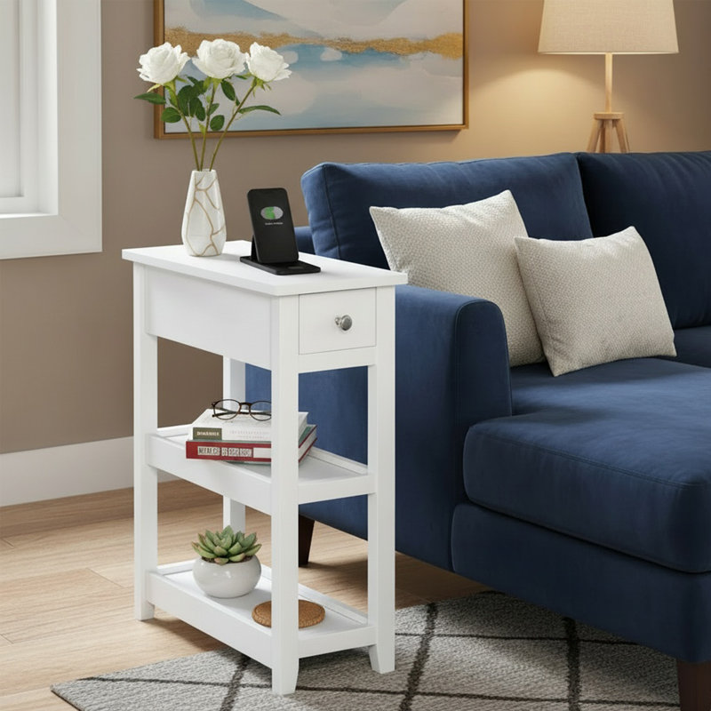 Ethan Solid Color Wooden End Table With Drawer & 2 Open Shelves, Transitional Nightstand For Small Spaces, 10"Wx16"Dx24"H, 1