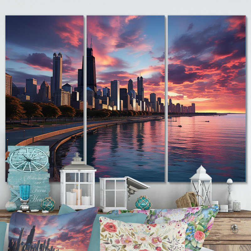«Chicago Cityscape By Night III», reproduction sur toile 3 pièces, H 28 po x l 36 po x P 1 po