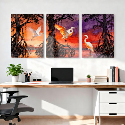 «Egrets in Mangrove Sunset», reproduction d'art sur toile tendue sur toile, ensemble de 3