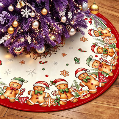 Jupe de sapin de Noël de 122 cm (48 pouces) avec motif bonhomme en pain d'épices, cerf et bonbons, pour sapins de 1,80 m à 2,30 m (6 à 7,5 pieds), décoration intérieure et extérieure pour les fêtes.