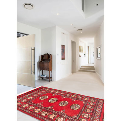 Tapis rouge en laine noué à la main de conception unique 2 pi 7 po x 3 pi 8 po