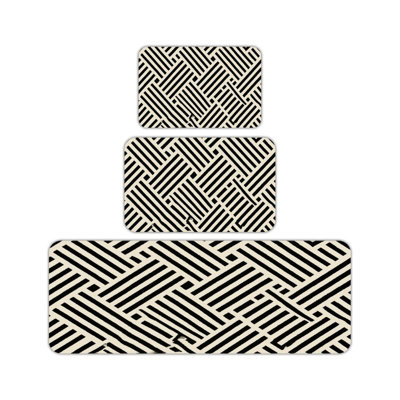 3 Piece Black White Geometric Stripe Kitchen Floor Mat, Modern Kitchen Workspace